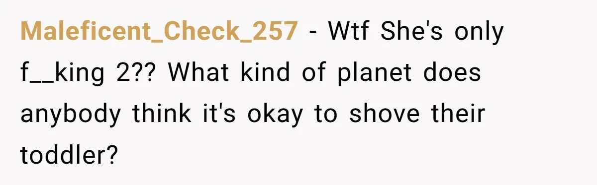 Maleficent_Check_257 − Wtf She's only f__king 2?? What kind of planet does anybody think it's okay to shove their toddler?