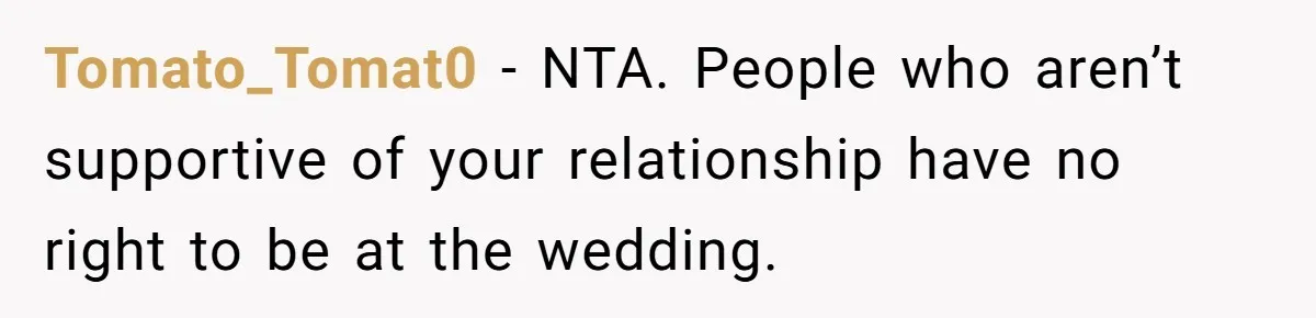 Tomato_Tomat0 − NTA. People who aren’t supportive of your relationship have no right to be at the wedding.