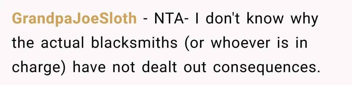 GrandpaJoeSloth − NTA- I don't know why the actual blacksmiths (or whoever is in charge) have not dealt out consequences.