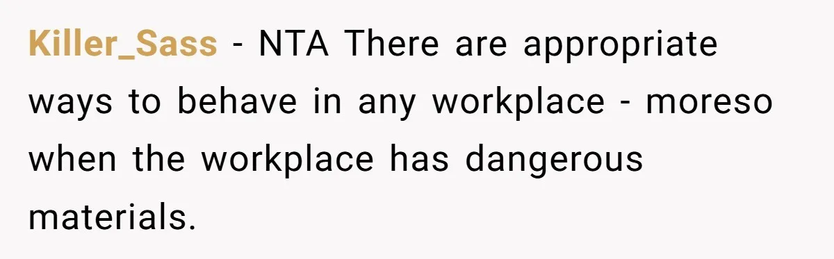 Killer_Sass − NTA There are appropriate ways to behave in any workplace - moreso when the workplace has dangerous materials.