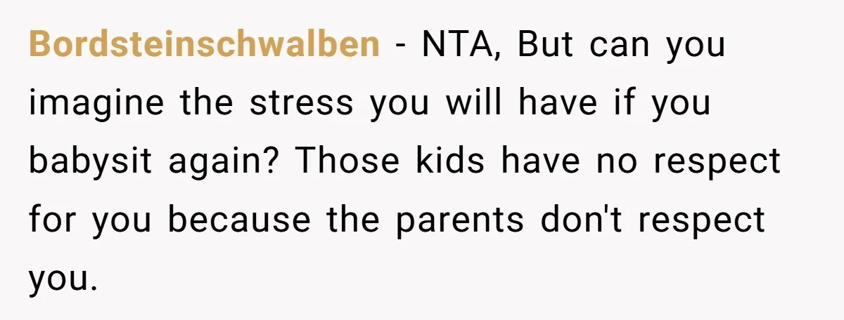 Bordsteinschwalben − NTA, But can you imagine the stress you will have if you babysit again? Those kids have no respect for you because the parents don't respect you.