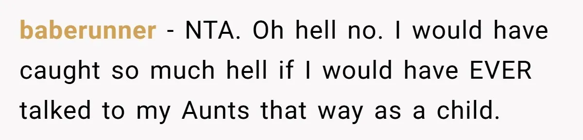 baberunner − NTA. Oh hell no. I would have caught so much hell if I would have EVER talked to my Aunts that way as a child.