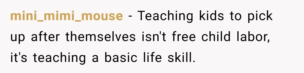mini_mimi_mouse − Teaching kids to pick up after themselves isn't free child labor, it's teaching a basic life skill.