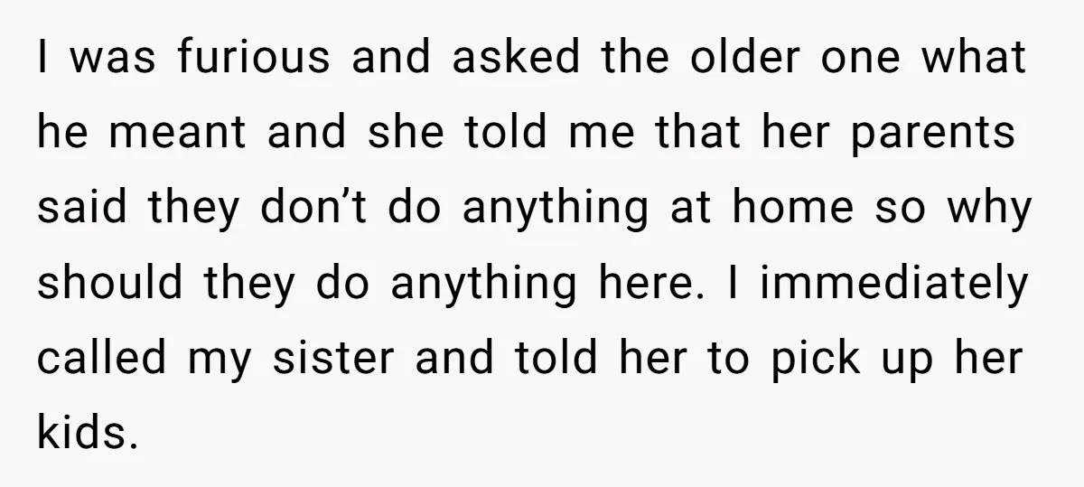 I was furious and asked the older one what he meant and she told me that her parents said they don’t do anything at home so why should they do...