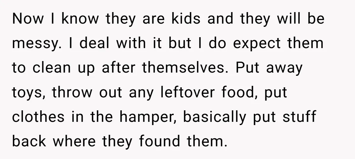 Now I know they are kids and they will be messy. I deal with it but I do expect them to clean up after themselves. Put away toys, throw out...