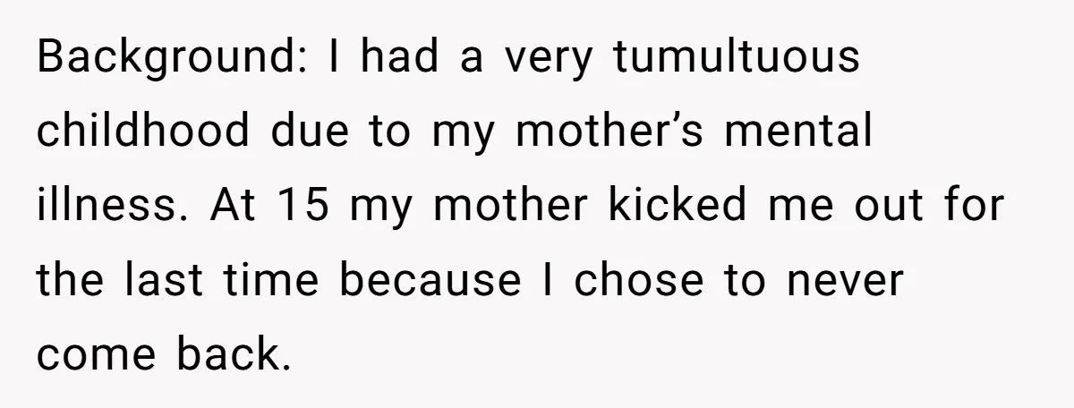 Background: I had a very tumultuous childhood due to my mother’s mental illness. At 15 my mother kicked me out for the last time because I chose to never come...