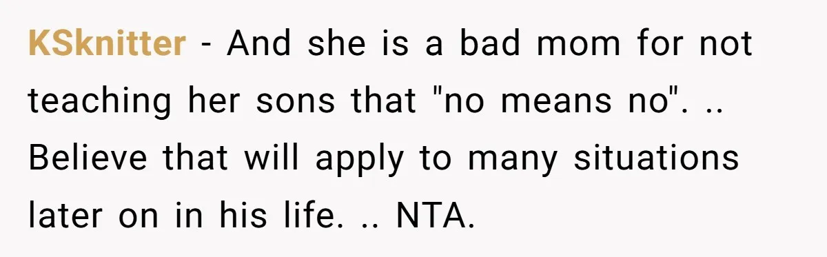 KSknitter − And she is a bad mom for not teaching her sons that "no means no". .. Believe that will apply to many situations later on in his life....