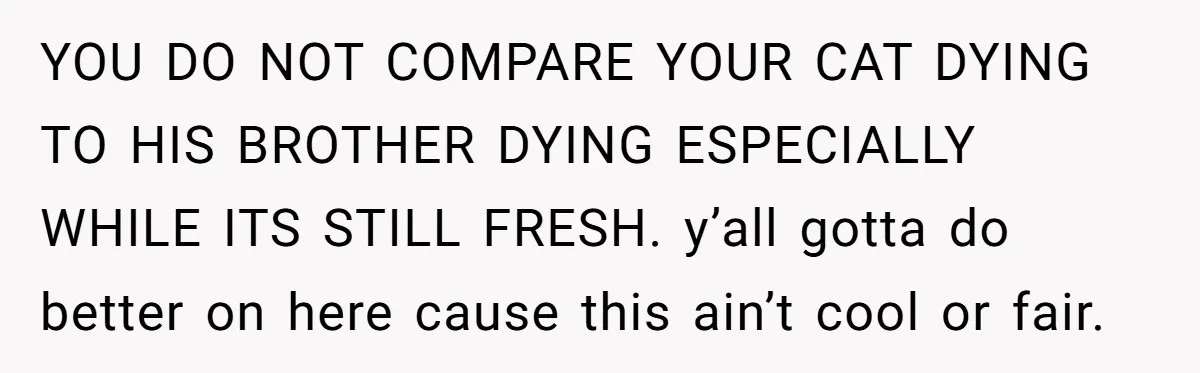 YOU DO NOT COMPARE YOUR CAT DYING TO HIS BROTHER DYING ESPECIALLY WHILE ITS STILL FRESH. y’all gotta do better on here cause this ain’t cool or fair.