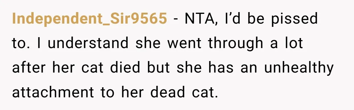 Independent_Sir9565 − NTA, I’d be pissed to. I understand she went through a lot after her cat died but she has an unhealthy attachment to her dead cat.