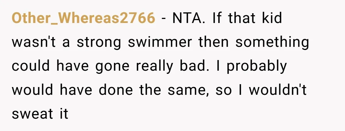 Other_Whereas2766 − NTA. If that kid wasn't a strong swimmer then something could have gone really bad. I probably would have done the same, so I wouldn't sweat it