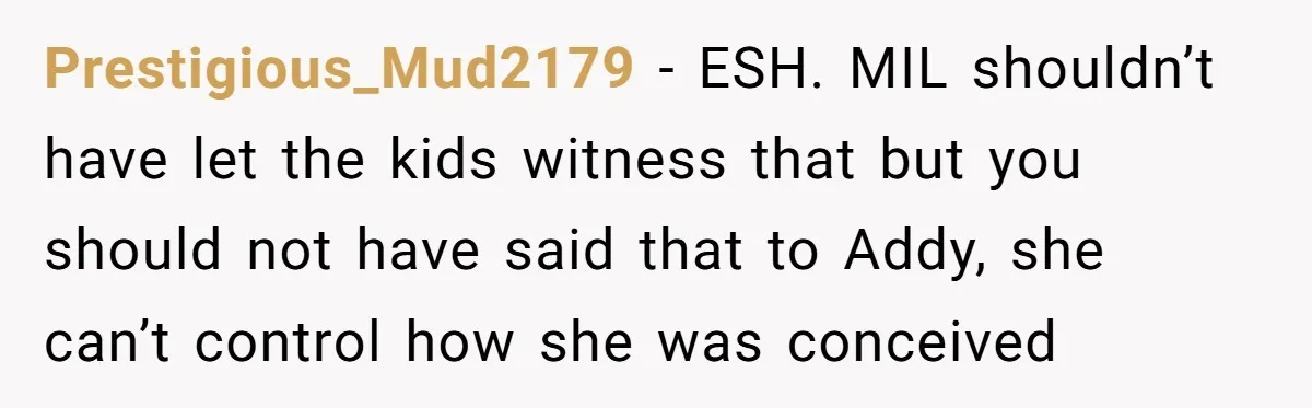 Prestigious_Mud2179 − ESH. MIL shouldn’t have let the kids witness that but you should not have said that to Addy, she can’t control how she was conceived