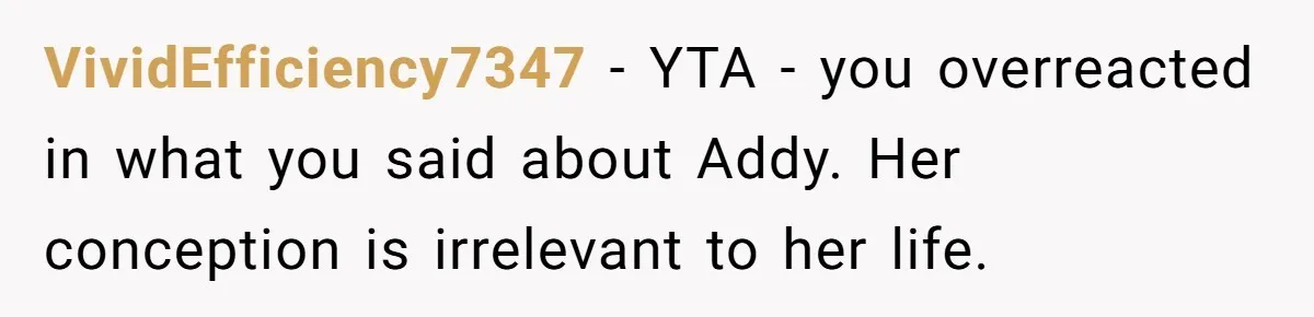 VividEfficiency7347 − YTA - you overreacted in what you said about Addy. Her conception is irrelevant to her life.