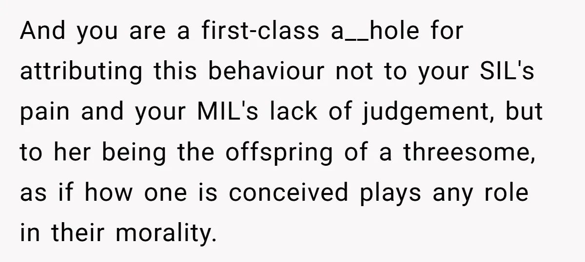 And you are a first-class a__hole for attributing this behaviour not to your SIL's pain and your MIL's lack of judgement, but to her being the offspring of a threesome,...