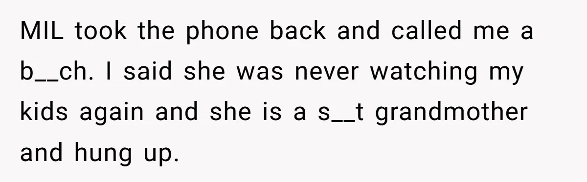 MIL took the phone back and called me a b__ch. I said she was never watching my kids again and she is a s__t grandmother and hung up.
