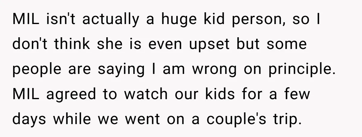 MIL isn't actually a huge kid person, so I don't think she is even upset but some people are saying I am wrong on principle. MIL agreed to watch our...