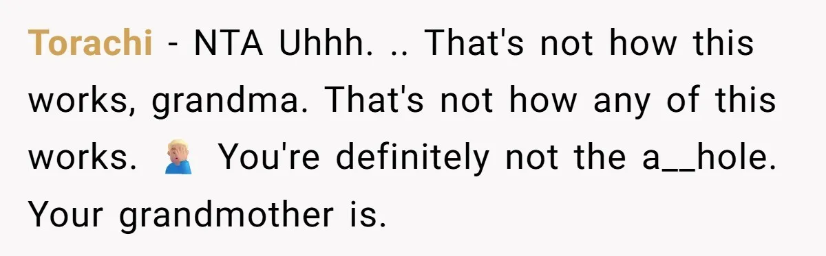 Torachi − NTA Uhhh. .. That's not how this works, grandma. That's not how any of this works. 🤦🏼‍♂️ You're definitely not the a__hole. Your grandmother is.