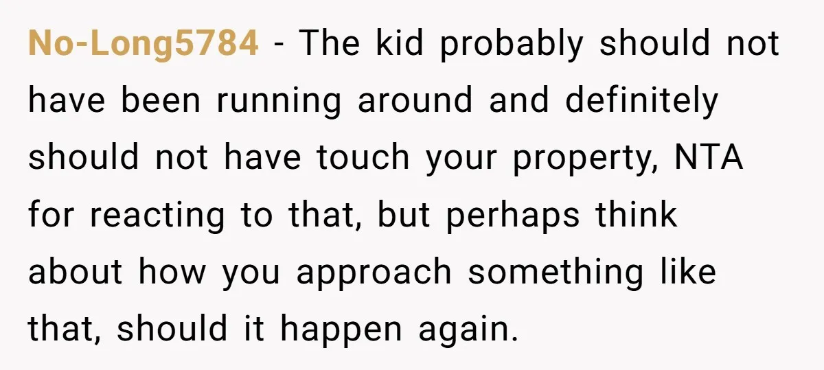 No-Long5784 − The kid probably should not have been running around and definitely should not have touch your property, NTA for reacting to that, but perhaps think about how you...