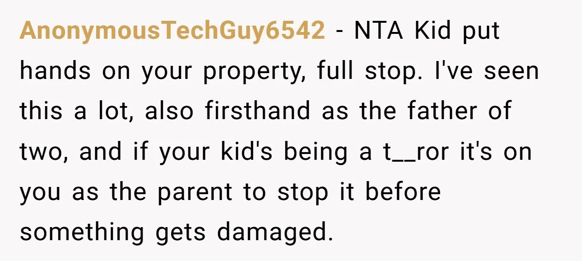 AnonymousTechGuy6542 − NTA Kid put hands on your property, full stop. I've seen this a lot, also firsthand as the father of two, and if your kid's being a t__ror...