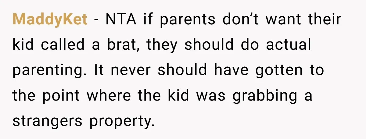 MaddyKet − NTA if parents don’t want their kid called a brat, they should do actual parenting. It never should have gotten to the point where the kid was grabbing...