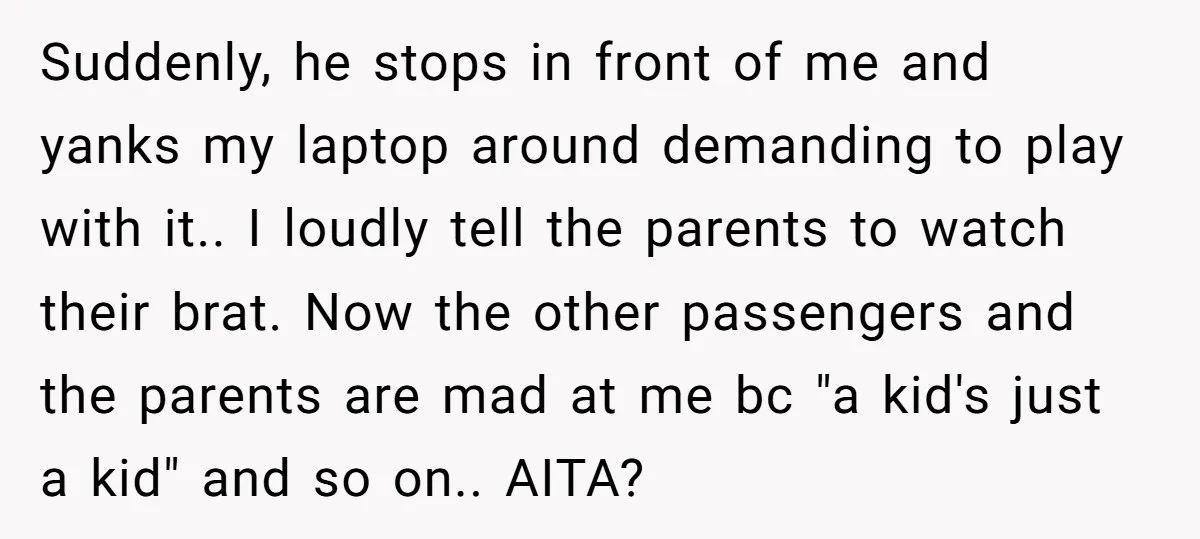 Suddenly, he stops in front of me and yanks my laptop around demanding to play with it.. I loudly tell the parents to watch their brat. Now the other passengers...