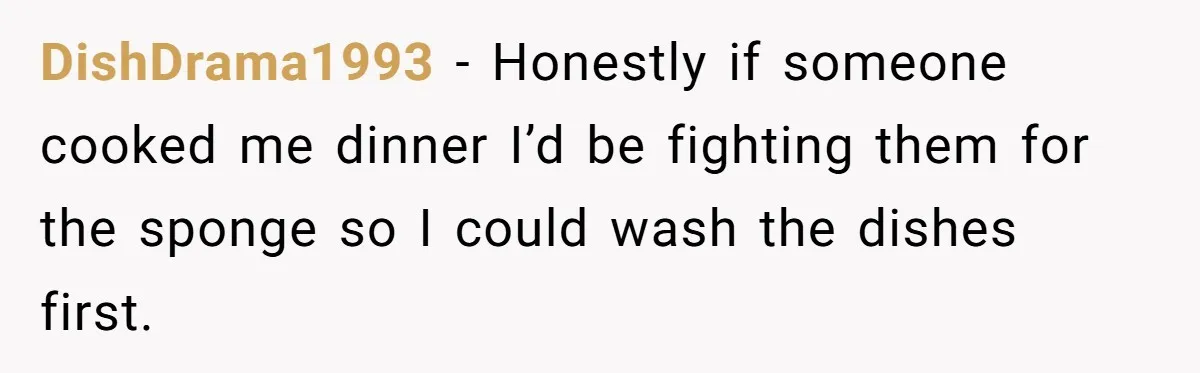 DishDrama1993 − Honestly if someone cooked me dinner I’d be fighting them for the sponge so I could wash the dishes first.