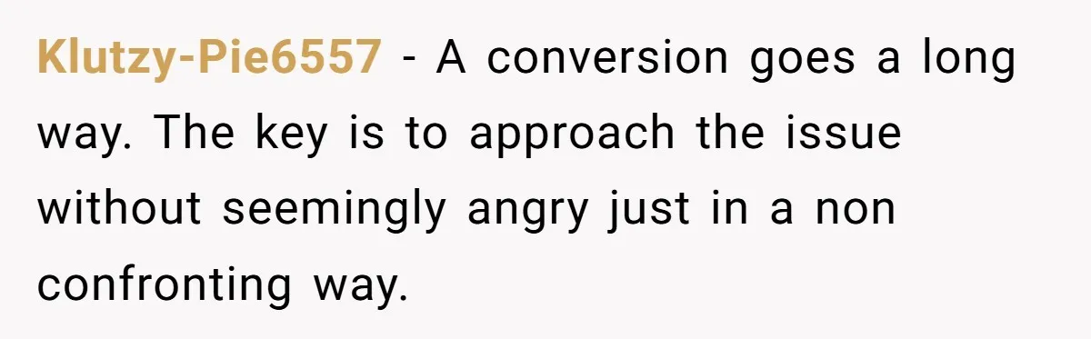 Klutzy-Pie6557 − A conversion goes a long way. The key is to approach the issue without seemingly angry just in a non confronting way.