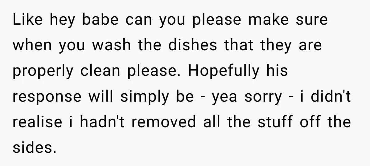 Like hey babe can you please make sure when you wash the dishes that they are properly clean please. Hopefully his response will simply be - yea sorry - i...