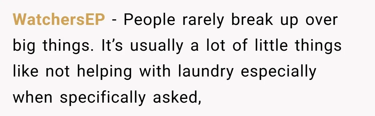 WatchersEP − People rarely break up over big things. It’s usually a lot of little things like not helping with laundry especially when specifically asked,