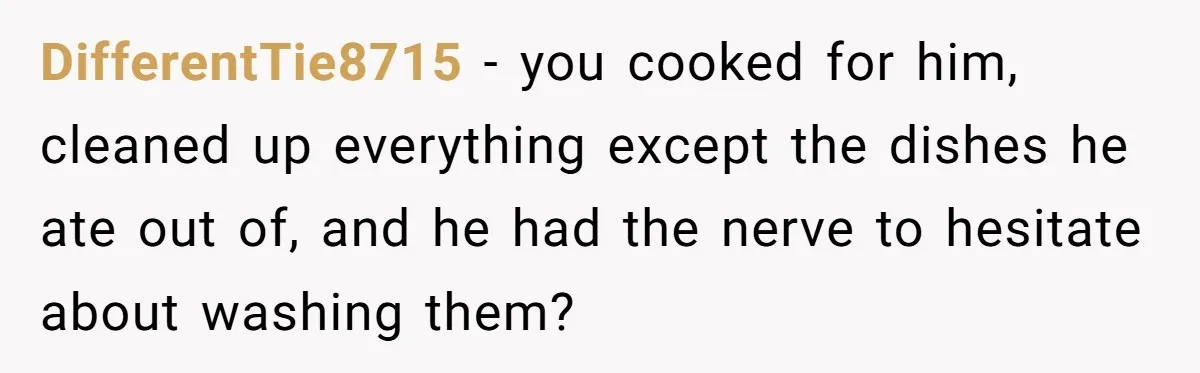 DifferentTie8715 − you cooked for him, cleaned up everything except the dishes he ate out of, and he had the nerve to hesitate about washing them?