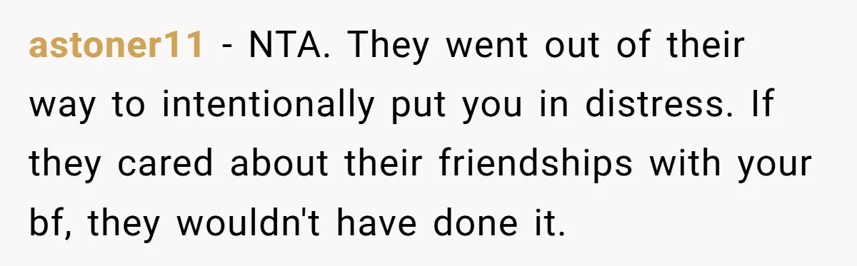 astoner11 − NTA. They went out of their way to intentionally put you in distress. If they cared about their friendships with your bf, they wouldn't have done it.