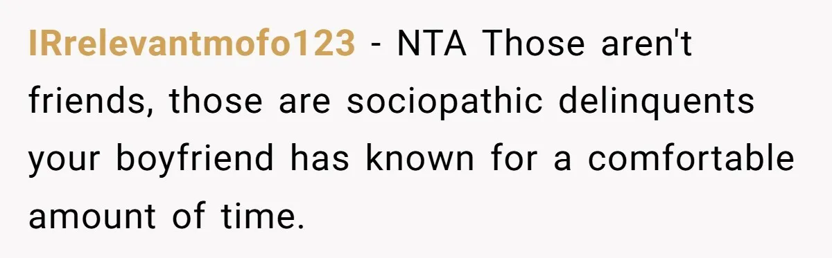 IRrelevantmofo123 − NTA Those aren't friends, those are sociopathic delinquents your boyfriend has known for a comfortable amount of time.