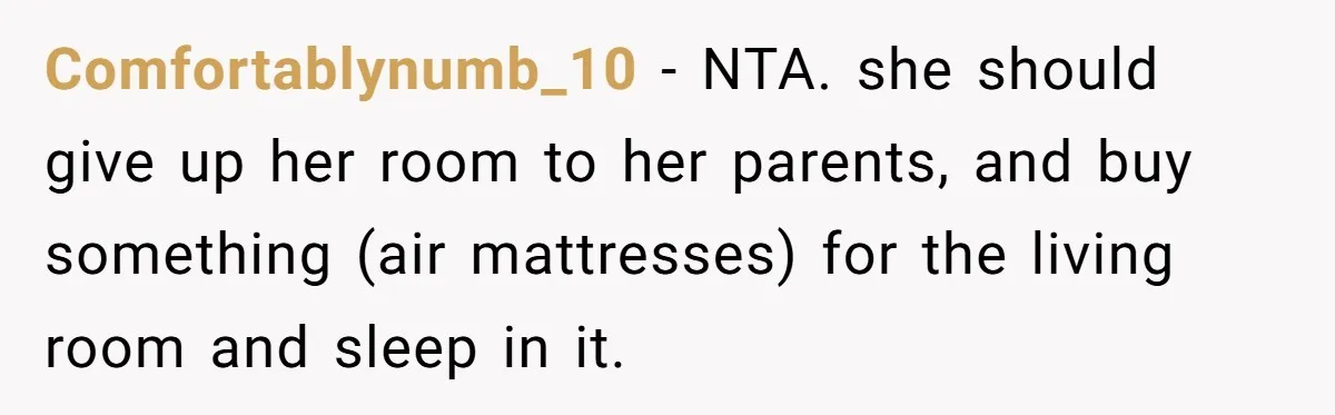 Comfortablynumb_10 − NTA. she should give up her room to her parents, and buy something (air mattresses) for the living room and sleep in it.