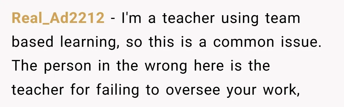 Real_Ad2212 − I'm a teacher using team based learning, so this is a common issue. The person in the wrong here is the teacher for failing to oversee your work,