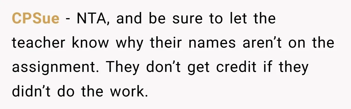 CPSue − NTA, and be sure to let the teacher know why their names aren’t on the assignment. They don’t get credit if they didn’t do the work.
