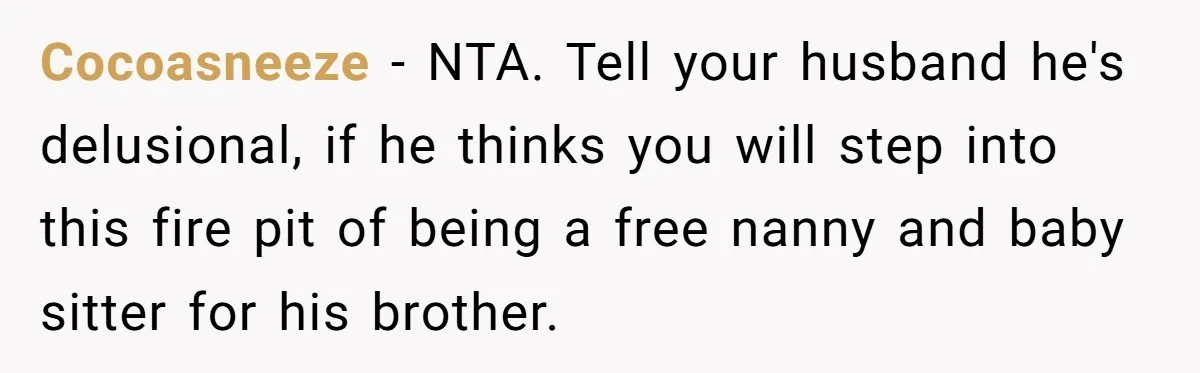 Cocoasneeze − NTA. Tell your husband he's delusional, if he thinks you will step into this fire pit of being a free nanny and baby sitter for his brother.