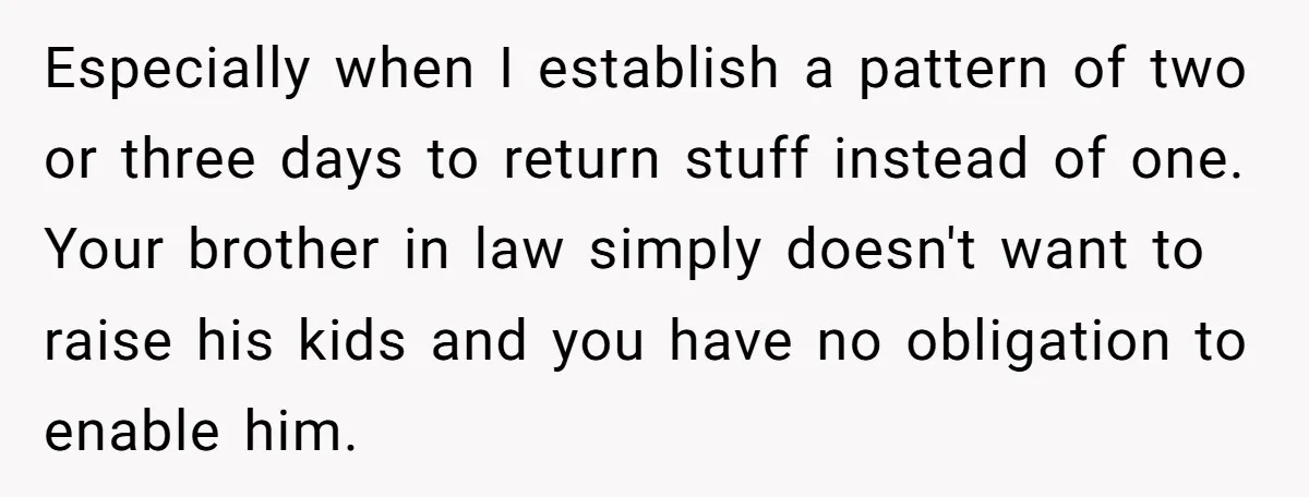Especially when I establish a pattern of two or three days to return stuff instead of one. Your brother in law simply doesn't want to raise his kids and you...