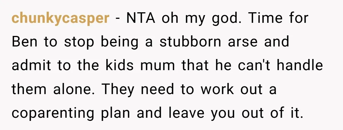 chunkycasper − NTA oh my god. Time for Ben to stop being a stubborn arse and admit to the kids mum that he can't handle them alone. They need to...