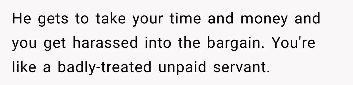 He gets to take your time and money and you get harassed into the bargain. You're like a badly-treated unpaid servant.