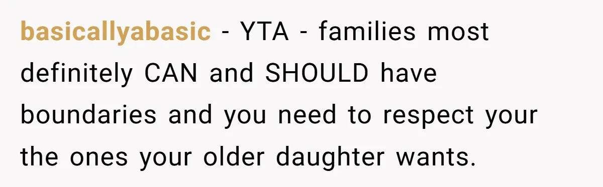 basicallyabasic − YTA - families most definitely CAN and SHOULD have boundaries and you need to respect your the ones your older daughter wants.