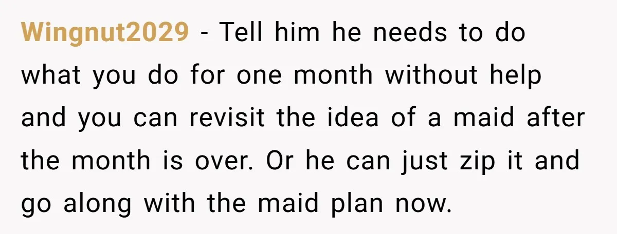 Wingnut2029 − Tell him he needs to do what you do for one month without help and you can revisit the idea of a maid after the month is over....