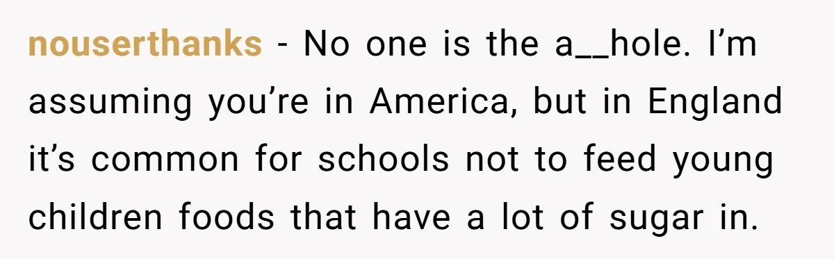 nouserthanks − No one is the a__hole. I’m assuming you’re in America, but in England it’s common for schools not to feed young children foods that have a lot of...