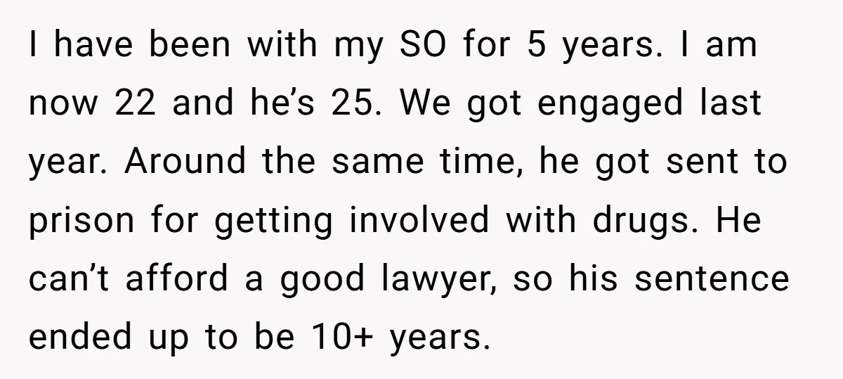 I have been with my SO for 5 years. I am now 22 and he’s 25. We got engaged last year. Around the same time, he got sent to prison...