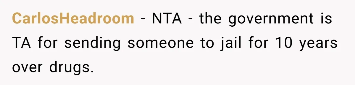 CarlosHeadroom − NTA - the government is TA for sending someone to jail for 10 years over drugs.