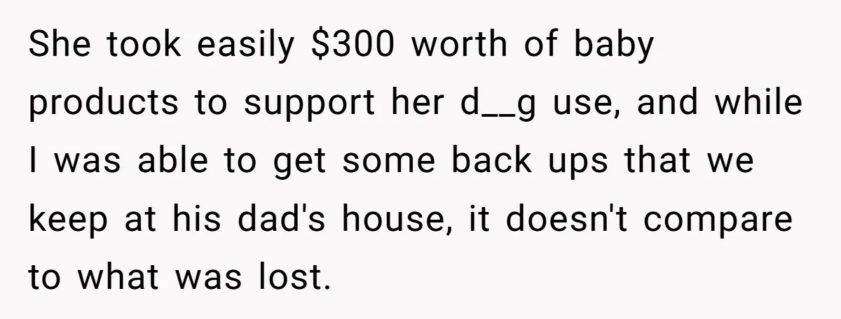 She took easily $300 worth of baby products to support her d__g use, and while I was able to get some back ups that we keep at his dad's house,...