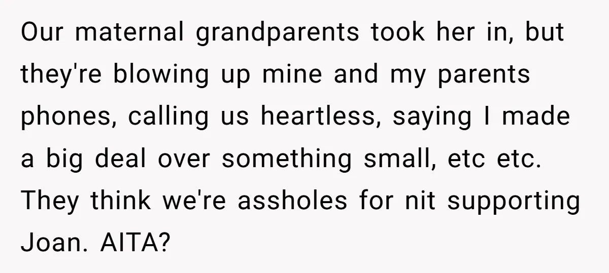 Our maternal grandparents took her in, but they're blowing up mine and my parents phones, calling us heartless, saying I made a big deal over something small, etc etc. They...
