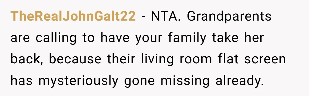 TheRealJohnGalt22 − NTA. Grandparents are calling to have your family take her back, because their living room flat screen has mysteriously gone missing already.