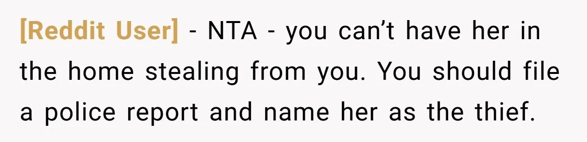 [Reddit User] − NTA - you can’t have her in the home stealing from you. You should file a police report and name her as the thief.