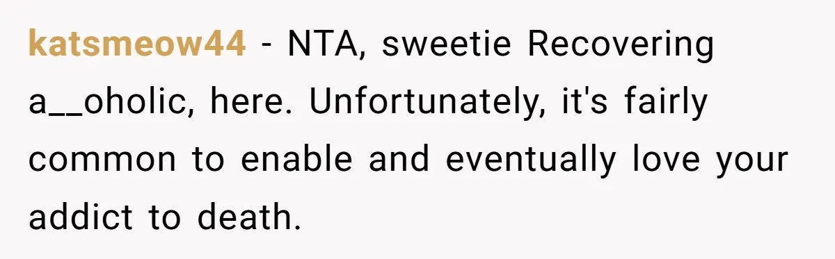 katsmeow44 − NTA, sweetie Recovering a__oholic, here. Unfortunately, it's fairly common to enable and eventually love your addict to death.
