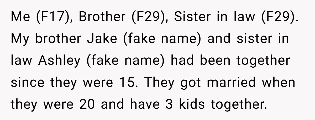 Me (F17), Brother (F29), Sister in law (F29). My brother Jake (fake name) and sister in law Ashley (fake name) had been together since they were 15. They got married...