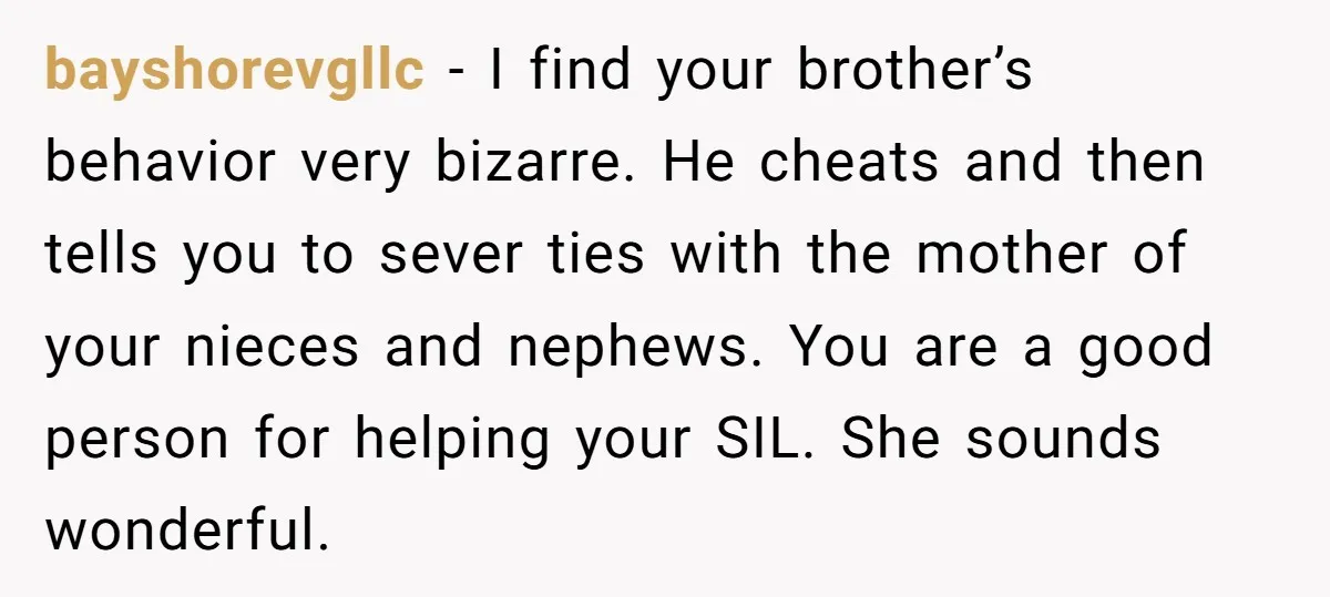 bayshorevgllc − I find your brother’s behavior very bizarre. He cheats and then tells you to sever ties with the mother of your nieces and nephews. You are a good...